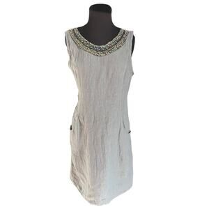Y2K Italian Linen Lagenlook Boho Beaded Neck Dress Size M Coastal Euro Summer